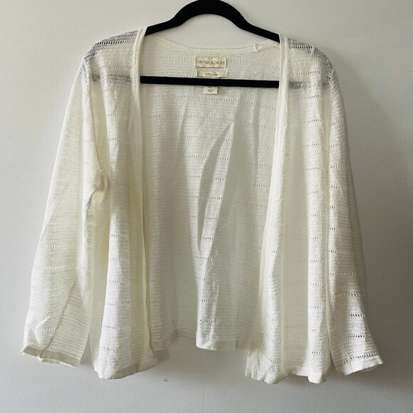 Cynthia Rowley Womens White Sheer Pointelle Open Front Linen Cardigan Size L - Picture 1 of 9
